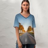 yanfind V Neck T-shirt for Women Autumn Barrier Journey Landscape Wallpapers Tree Alsheim Wine Trip Road Pictures Summer Top  Short Sleeve Casual Loose