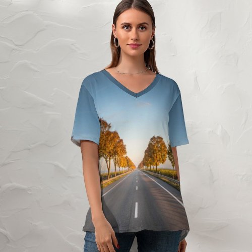 yanfind V Neck T-shirt for Women Autumn Barrier Journey Landscape Wallpapers Tree Alsheim Wine Trip Road Pictures Summer Top  Short Sleeve Casual Loose