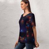 yanfind V Neck T-shirt for Women Neville Black Dark Celebrations Christmas Christmas Decoration Merry Christmas Night Dark Lights Summer Top  Short Sleeve Casual Loose