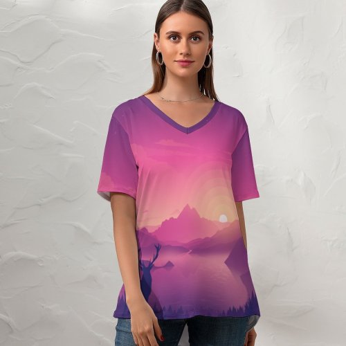 yanfind V Neck T-shirt for Women Coyle Scenery Lakeside Sunset Lake Landscape Scenic Panorama Summer Top  Short Sleeve Casual Loose