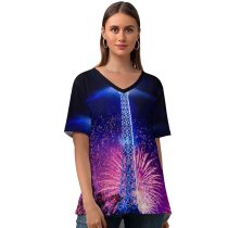 yanfind V Neck T-shirt for Women Joe DeSousa Eiffel Tower Fireworks Bastille Night Paris Summer Top  Short Sleeve Casual Loose