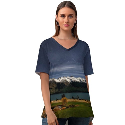yanfind V Neck T-shirt for Women Dominic Kamp Lake Wakatipu Queenstown Zealand Glacier Mountains Mountain Range Snow Covered Summer Top  Short Sleeve Casual Loose