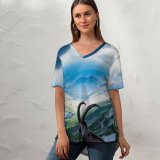 yanfind V Neck T-shirt for Women Robin Kamp Mount Pilatus Goat Landscape Valley Clouds Sunlight Scenic Summer Top  Short Sleeve Casual Loose