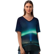 yanfind V Neck T-shirt for Women Jonatan Pie Aurora Borealis Northern Lights Light Beam Night Time Country Road Summer Top  Short Sleeve Casual Loose