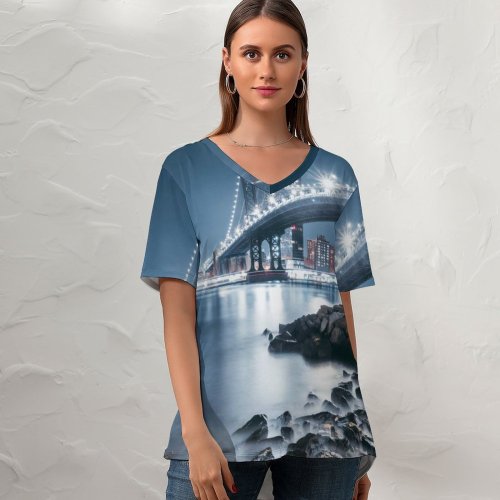 yanfind V Neck T-shirt for Women Lerone Pieters George Washington Bridge Night City Lights Rocks Hudson River Jersey Summer Top  Short Sleeve Casual Loose