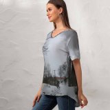 yanfind V Neck T-shirt for Women Steam Locomotive Train Trees Winter Snow Snowy Grey Countryside Landscape Bushes Freezing Summer Top  Short Sleeve Casual Loose