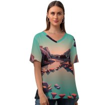 yanfind V Neck T-shirt for Women Lake Mountains Rocks Sunrise Daylight Scenery MacOS Big Sur IOS Summer Top  Short Sleeve Casual Loose