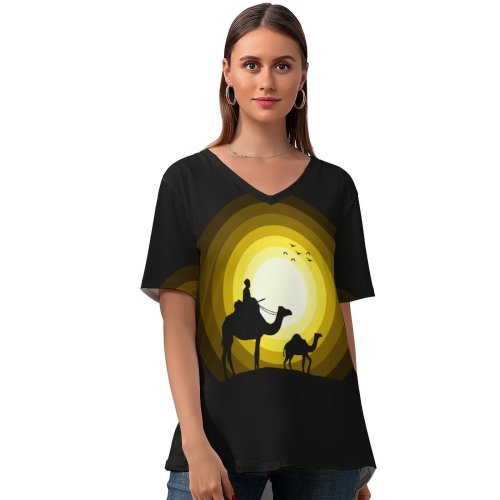 yanfind V Neck T-shirt for Women Suryapraveen Dark Minimal Camels Sun Silhouette Summer Top  Short Sleeve Casual Loose