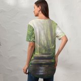 yanfind V Neck T-shirt for Women Sasin Tipchai Rainforest Wooden Bridge Daylight Footpath Forest Summer Top  Short Sleeve Casual Loose
