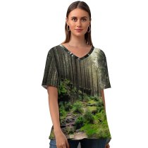 yanfind V Neck T-shirt for Women Saxon Switzerland National Park Forest Light Summer Top  Short Sleeve Casual Loose
