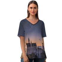 yanfind V Neck T-shirt for Women Massimiliano Morosinotto Neuschwanstein Castle Landscape Starry Sky Ancient Architecture Astronomy Stars Outer Summer Top  Short Sleeve Casual Loose