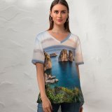 yanfind V Neck T-shirt for Women Tonnara Di Scopello Historical Beach Seascape Ancient Rocks Italy Summer Top  Short Sleeve Casual Loose