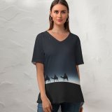 yanfind V Neck T-shirt for Women Black Dark Camels Silhouette Moon Dark Night Sky Stars Summer Top  Short Sleeve Casual Loose