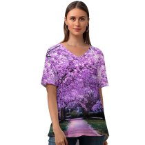 yanfind V Neck T-shirt for Women Cherry Blossom Trees Purple Flowers Pathway Park Floral Colorful Spring Beautiful Summer Top  Short Sleeve Casual Loose