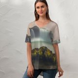yanfind V Neck T-shirt for Women Robin Christ Goðafoss Waterfall Iceland Scenic Landscape Summer Top  Short Sleeve Casual Loose