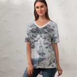 yanfind V Neck T-shirt for Women Cliff Glaslyn Fog Mist Alps Snow Wallpapers Lake Mountain Outdoors Rock Summer Top  Short Sleeve Casual Loose