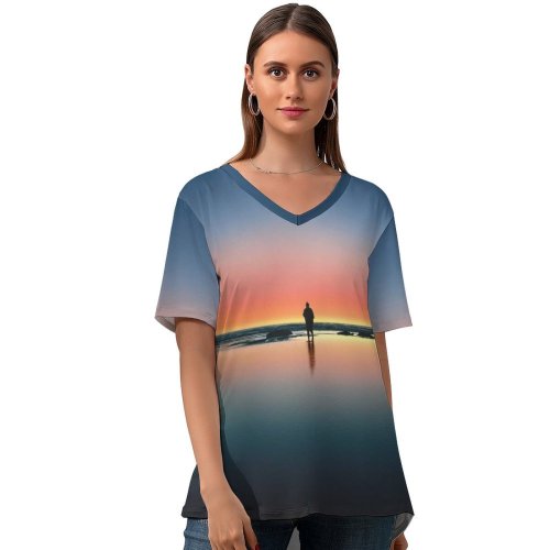 yanfind V Neck T-shirt for Women Jordan Steranka Horizon Beach Alone Sunset Silhouette Crescent Moon Reflection Kalaloch Summer Top  Short Sleeve Casual Loose