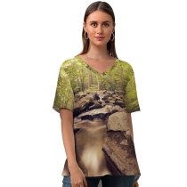 yanfind V Neck T-shirt for Women Forest Trees Woods Stream Greenery Rocks Scenic Landscape Exposure Summer Top  Short Sleeve Casual Loose