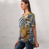 yanfind V Neck T-shirt for Women Bengal Tiger Wild Big Cat Summer Top  Short Sleeve Casual Loose