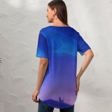 yanfind V Neck T-shirt for Women RicoDZ Fantasy Girl Rooftop Sky Home Dream Whale Starry Night Purple Summer Top  Short Sleeve Casual Loose
