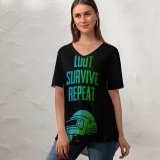 yanfind V Neck T-shirt for Women Black Dark Quotes Games PUBG Survive Loot Repeat PUBG Helmet Summer Top  Short Sleeve Casual Loose