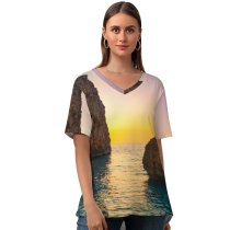yanfind V Neck T-shirt for Women Lowe Rehnberg Milos Beach Greece Lefkada Island Lone Rock Sunset Clear Sky Summer Top  Short Sleeve Casual Loose