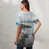 yanfind V Neck T-shirt for Women Johny Goerend Skagsanden Beach Cliff Rocks Ocean Sky Clouds Snow Mountains Lofoten Summer Top  Short Sleeve Casual Loose