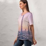 yanfind V Neck T-shirt for Women Burj Khalifa Dubai Skyscraper Cityscape Modern Architecture Hour Metropolitan Urban Summer Top  Short Sleeve Casual Loose