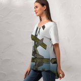 yanfind V Neck T-shirt for Women Blimp Flora Airship Sky Wallpapers Plant Tree Free Aircraft Road Winter Summer Top  Short Sleeve Casual Loose