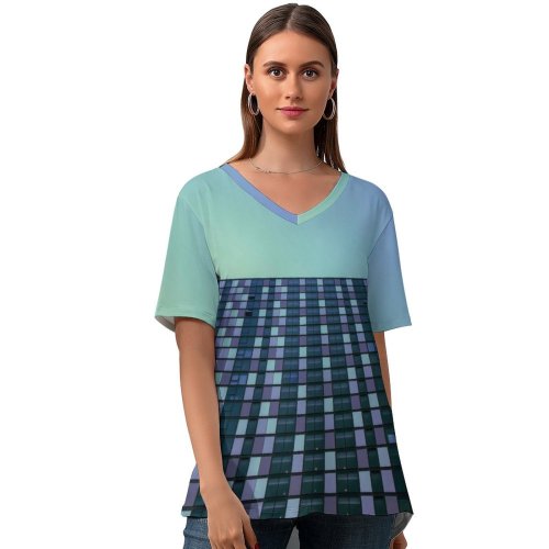 yanfind V Neck T-shirt for Women Mitchell Luo Architecture High Rise Building Gradient Sky Office Building Skyscraper Summer Top  Short Sleeve Casual Loose