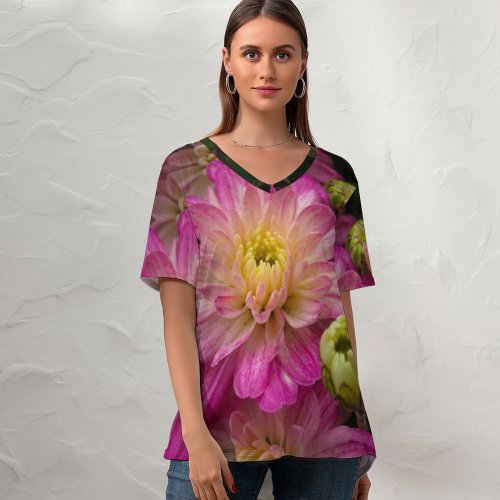 yanfind V Neck T-shirt for Women Arrangement Anther Petal Flowers Dahlia Plant Pollen Stock Free Daisy Flower Summer Top  Short Sleeve Casual Loose