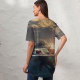 yanfind V Neck T-shirt for Women Fantasy Surreal Fishing Boat Sea Sunrise Underwater Summer Top  Short Sleeve Casual Loose