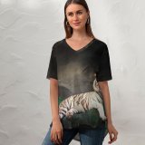 yanfind V Neck T-shirt for Women Anek Suwannaphoom Bengal Tiger Cave Tiger Wild Dark Summer Top  Short Sleeve Casual Loose
