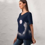 yanfind V Neck T-shirt for Women Aron Visuals Moon Clouds Night Starry Sky Summer Top  Short Sleeve Casual Loose