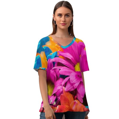 yanfind V Neck T-shirt for Women Flowers Dahlia Flowers Colorful Bloom Vibrant Summer Top  Short Sleeve Casual Loose