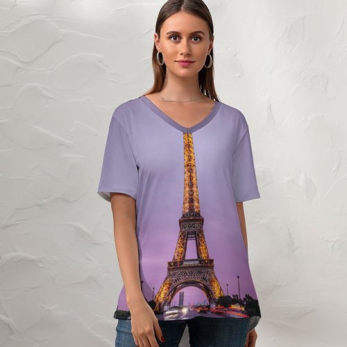 yanfind V Neck T-shirt for Women Denys Nevozhai Eiffel Tower Paris France Evening Purple Sky Lights Iconic Summer Top  Short Sleeve Casual Loose