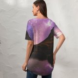yanfind V Neck T-shirt for Women Andrés Nieto Porras Landscape Mountains Starry Sky Nebula Outer Space Reflection Purple Summer Top  Short Sleeve Casual Loose