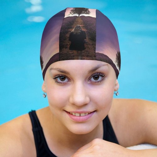yanfind Swimming Cap Sagar Subbaiah Sunset Girl Alone Lavender Farm Fields Dawn Evening Horizon Elastic,suitable for long and short hair