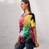 yanfind V Neck T-shirt for Women Sharon Pittaway Flowers Colorful Multicolor Summer Top  Short Sleeve Casual Loose