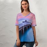 yanfind V Neck T-shirt for Women Anek Suwannaphoom Wooden Pier Sunrise Morning Foggy Daylight Summer Top  Short Sleeve Casual Loose