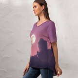 yanfind V Neck T-shirt for Women Moon Clouds Sky Summer Top  Short Sleeve Casual Loose