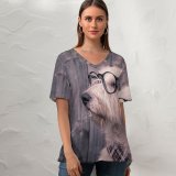 yanfind V Neck T-shirt for Women Dog Funny Glasses Wooden Summer Top  Short Sleeve Casual Loose