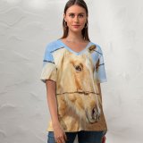 yanfind V Neck T-shirt for Women Horse Fence Portrait Bokeh Summer Top  Short Sleeve Casual Loose