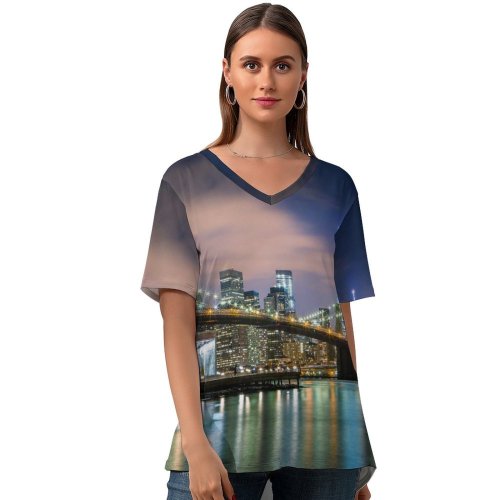 yanfind V Neck T-shirt for Women Danny García Brooklyn Bridge York Cityscape City Lights Reflections Skyscrapers Suspension Bridge Summer Top  Short Sleeve Casual Loose