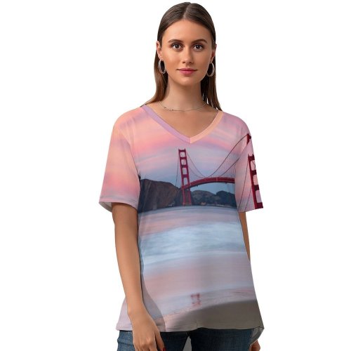 yanfind V Neck T-shirt for Women Destin Golden Gate Bridge Evening Coastline San Francisco Beach California Summer Top  Short Sleeve Casual Loose