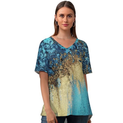 yanfind V Neck T-shirt for Women Sand Art Colorful Teal Golden Summer Top  Short Sleeve Casual Loose