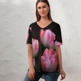 yanfind V Neck T-shirt for Women Anja Flowers Black Dark Tulips Flowers Spring Garden Flora Summer Top  Short Sleeve Casual Loose