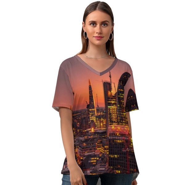 yanfind V Neck T-shirt for Women Erotikpanda Cityscape City Lights Sunset Dawn Skyscrapers London Summer Top  Short Sleeve Casual Loose