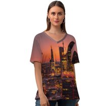 yanfind V Neck T-shirt for Women Erotikpanda Cityscape City Lights Sunset Dawn Skyscrapers London Summer Top  Short Sleeve Casual Loose