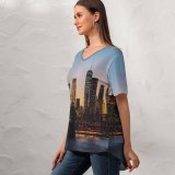 yanfind V Neck T-shirt for Women Luca Bravo Manhattan York City Manhattan Bridge Cityscape Sunset Urban Evening City Summer Top  Short Sleeve Casual Loose